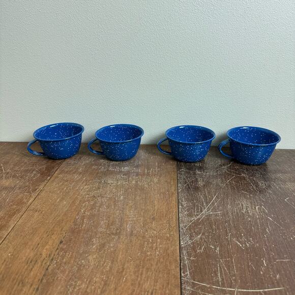 Vintage Blue White Speckled Enamel Graniteware set of 4 coffee cup mugs - Picture 4 of 8